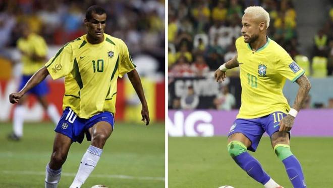 Rivaldo y Neymar Jr., con Brasil en los Mundiales de 2002 y 2022, respectivamente.