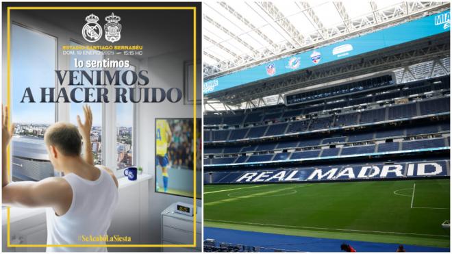 El cartel de Las Palmas para el partido en el Santiago Bernabéu (Fotos: X y EFE)