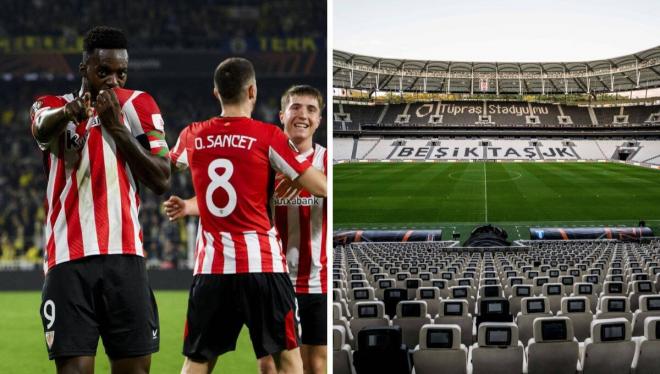 Iñaki Williams, celebrando un gol ante el Fenerbahce y el estadio del Besiktas.