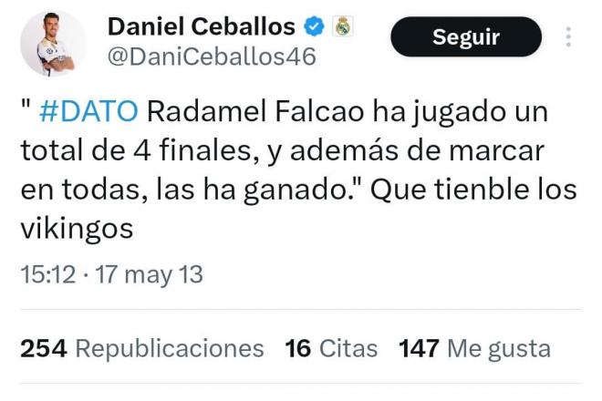 Tweet de Dani Ceballos antes de la final de Copa del Rey de 2013 (Fuente: X)