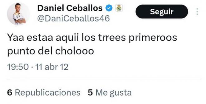 Tweet de Dani Ceballos apoyando a Simeone (Fuente: X)