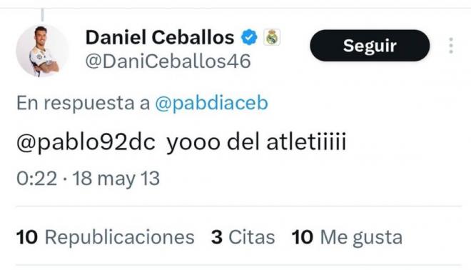 Tweet de Dani Ceballos sobre el Atlético de Madrid (Fuente: X)