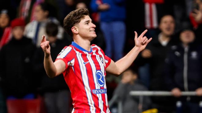 Julián Álvarez celebra su gol frente al Leverkusen (EFE)