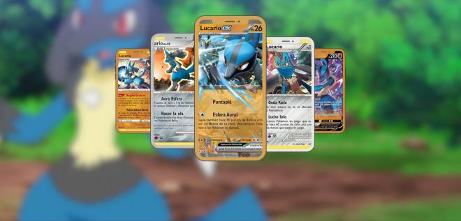 Las diferentes versiones de las cartas de Lucario en sus versiones de lucha y acero.