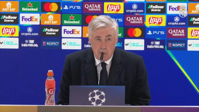 Carlo Ancelotti, durante la rueda de prensa posterior al Real Madrid-Salzburgo (Real Madrid tv).