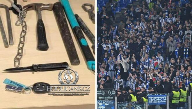 Aficionados de la Real Sociedad y las armas requisadas por la Policía.