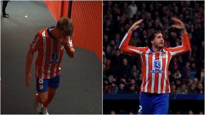 Fotomontaje de Pablo Barrios llorando y Giménez animando a sus compañeros ante el Leverkusen (Fue