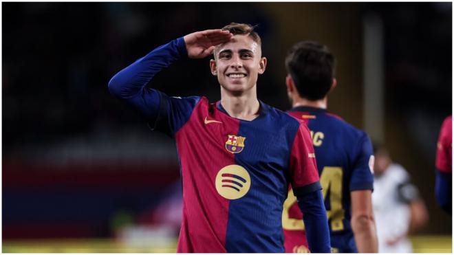 Fermín López celebrando su doblete en Montjuic. (Foto: Europa Press)