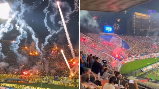 Hinchadas de Peñarol y Nacional en la previa de la final de la Supercopa Uruguaya.