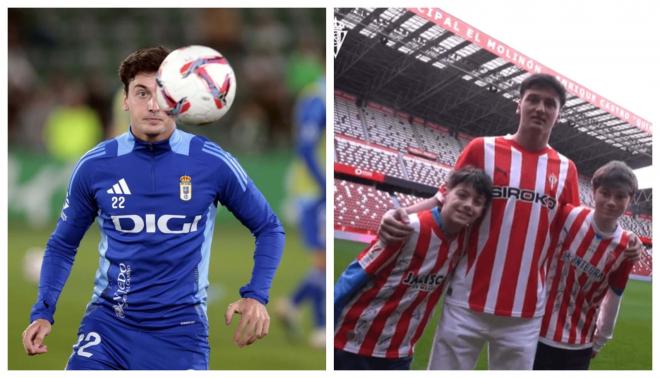 Carlos Dotor con las camisetas de Oviedo y Sporting.