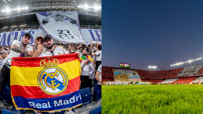 Aficionados del Real Madrid y mosaico en el Ramón Sánchez Pizjuán (Montaje: Cordon Press)