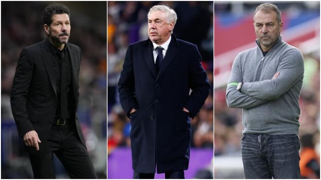 Simeone, Ancelotti y Flick en partidos de sus equipos (Fotos: Europa Press)