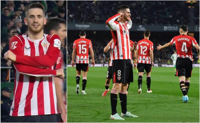 Oihan Sancet celebra su gol en el Benito Villamarín. (Fotos: LALIGA y Kiko Hurtado)