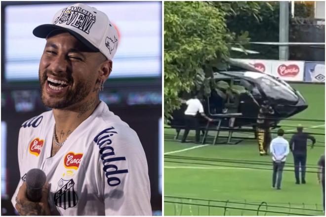 Neymar llega en helicóptero a su primer entrenamiento con el Santos.