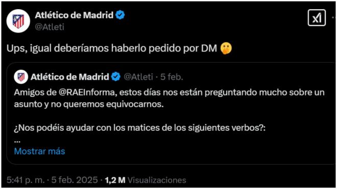 La respuesta del Atlético de Madrid en redes sociales al comunicado del Real Madrid. (Foto: @atleti)