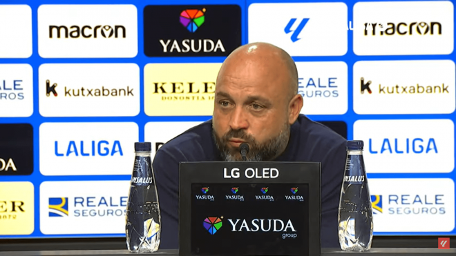 Manolo González, en sala de prensa con el Espanyol.