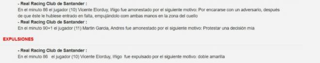 Extracto del acta arbitral del Burgos-Racing. (Foto: RFEF)