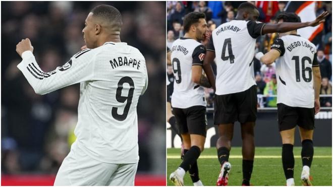 Fotomontaje de Kylian Mbappé y los jugadores del Valencia (Fotos: Europa Press)