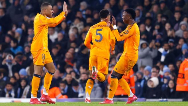 Kylian Mbappé, Vinicius Jr y Jude Bellingham, en el Etihad (Foto: Europa Press)