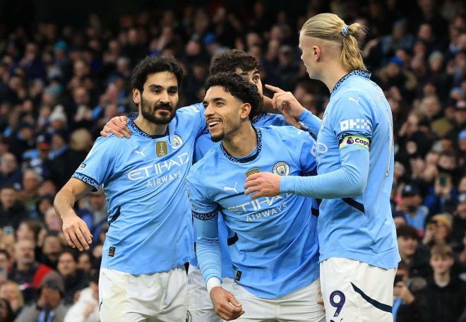 Omar Marmoush celebra uno de sus goles en el Manchester City-Newcastle (Foto: Cordon Press).