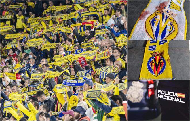 Aficionados del Villarreal, donde estaban los agredidos y sus bufandas ensangrentadas (Fotos: À Punt Esports)