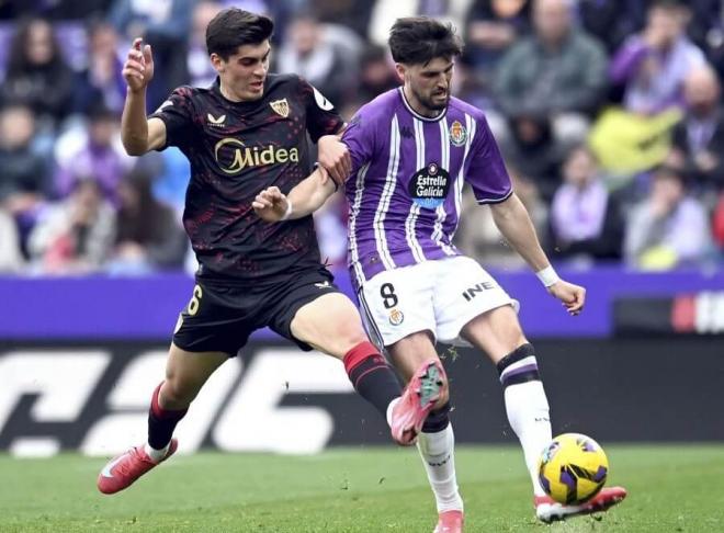 Grillitsch, del Real Valladolid, en acción ante el Sevilla en el Nuevo José Zorrilla.