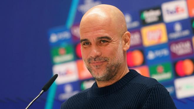 Pep Guardiola durante la rueda de prensa previa al partido contra el Real Madrid (Fuente: Cordon Pr