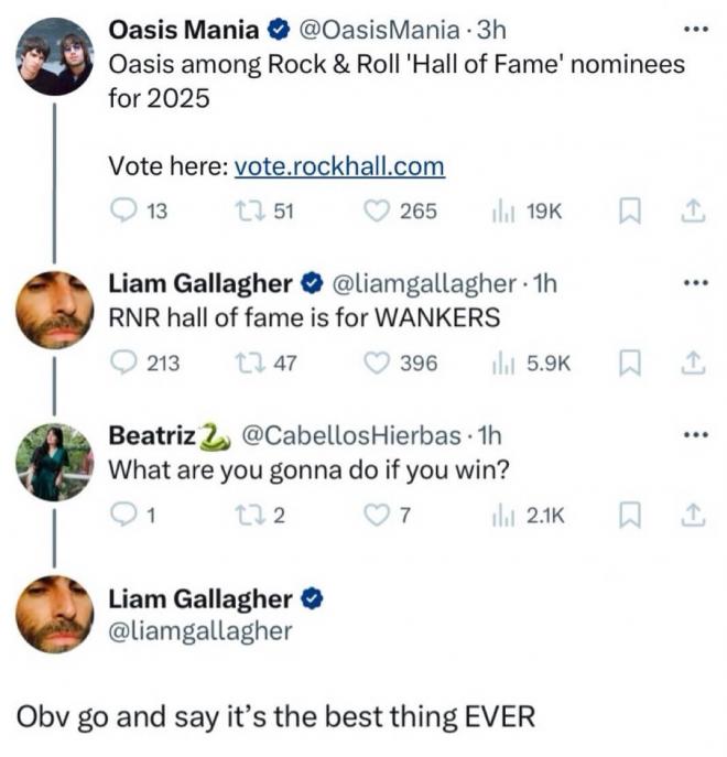 Las críticas de Liam Gallagher al Hall of Fame del Rock and Roll.