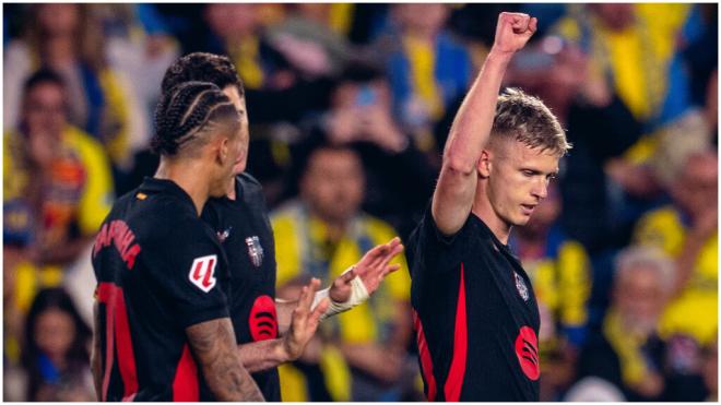 Dani Olmo celebrando su gol frente Las Palmas. (Foto: @FCBarcelona_es)