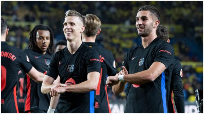 Dani Olmo y Ferran Torres celebrando frente a Las Palmas. (Foto: EFE)