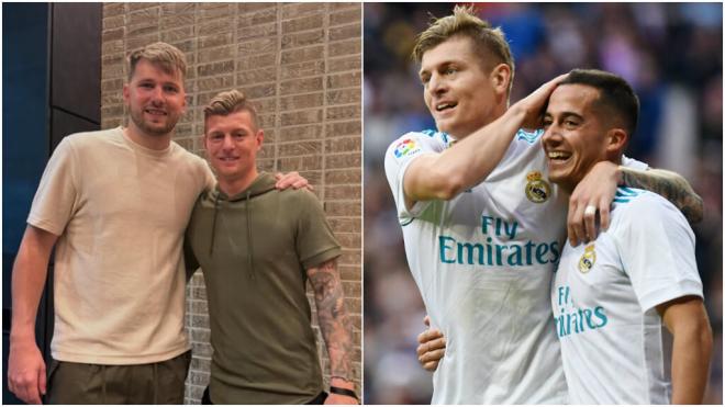 Kroos y Doncic en una imagen, y el alemán con Lucas en la otra (Foto: redes sociales y Cordon Pres