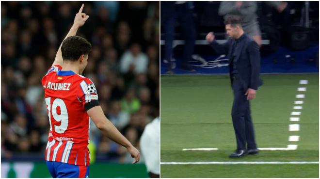 Julián Álvarez y Simeone celebran el 1-1 en el Bernabéu (Foto: EFE y Movistar +)