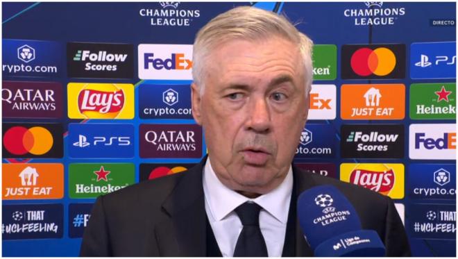 Carlo Ancelotti, durante sus declaraciones en zona mixta (captura Movistar+).