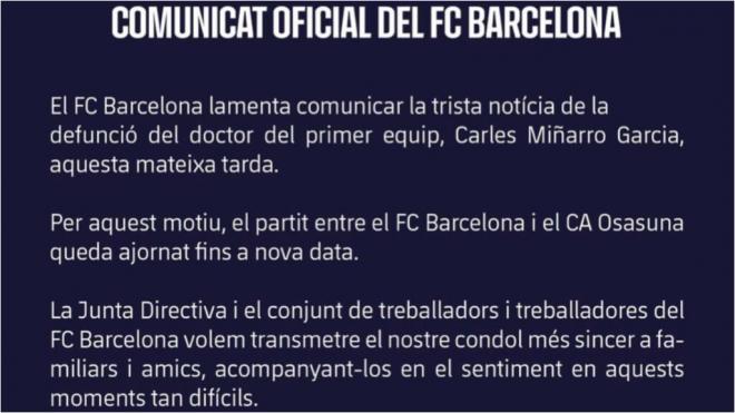 Comunicado del Barcelona tras la suspensión del partido ante Osasuna (foto: FCB).