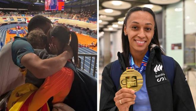 Ana Peleteiro celebra el oro de Apeldoorn 2025 con su marido y su hija (Foto: EFE).