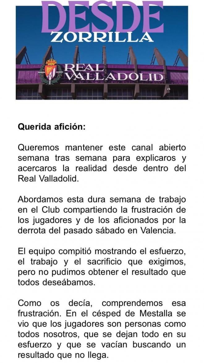 Carta del Real Valladolid a su afición.