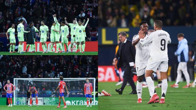 Jugadores del Barcelona y Real Madrid celebran la victoria y los del Atlético se lamentan (Montaje