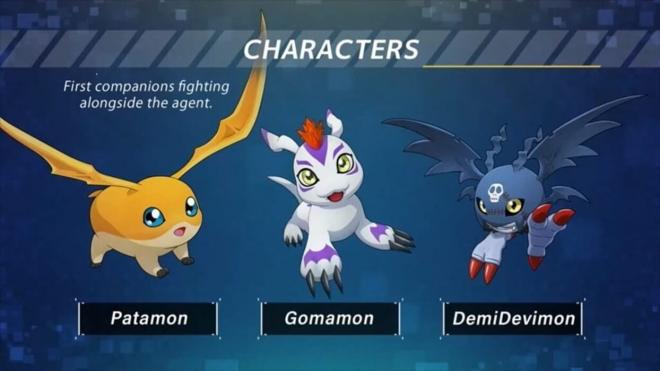 Los tres starters iniciales de Digimon Story: Time Stranger.