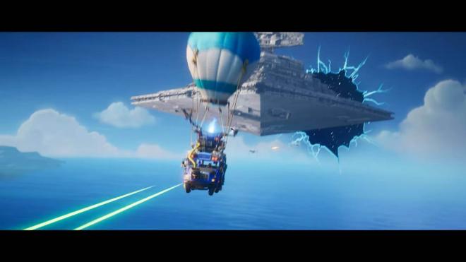 Un destructor imperial de Star Wars dando caza al autobús de batalla de Fortnite