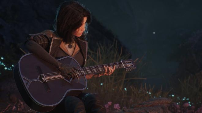 Lune, guitarra en mano, en el campamento de Expedition 33.