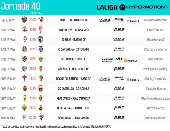 Los horarios de la jornada 40 en LaLiga Hypermotion.