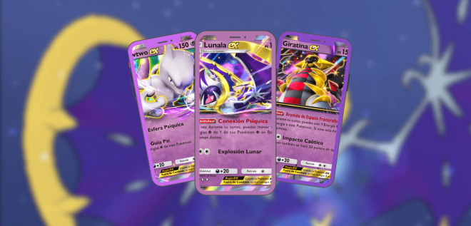 El mazo de Lunala, Giratina y Mewtwo en Pokémon Pocket.