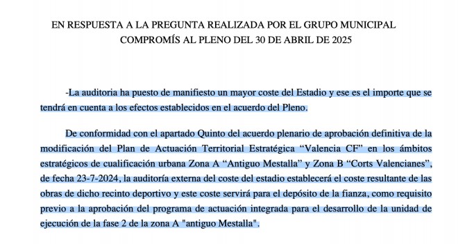 Respuesta del Ayuntamiento a Compromís por el Nou Mestalla