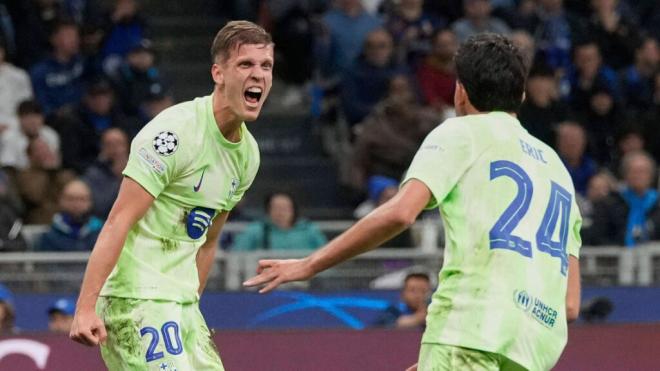 Dani Olmo y Eric García celebrando un gol contra el Inter de Milán (Fuente: Cordon Press)