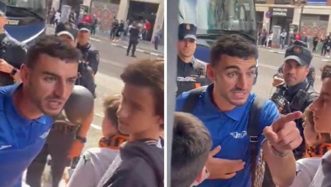 La bronca de Juan Iglesias a un aficionado por insultar a un compañero del Getafe.