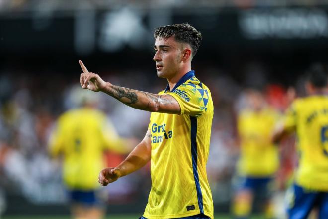 Alberto Moleiro celebra su gol en el Valencia-Las Palmas (Foto: Europa Press).