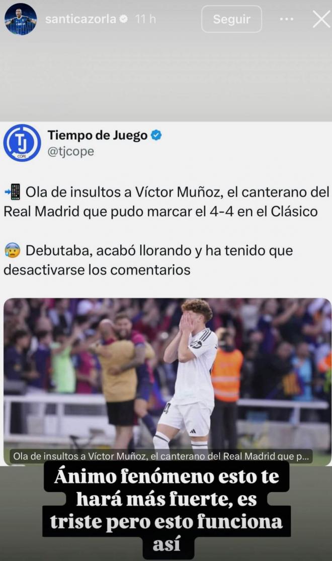 Mensaje de Santi Cazorla en su perfil oficial de Instagram.