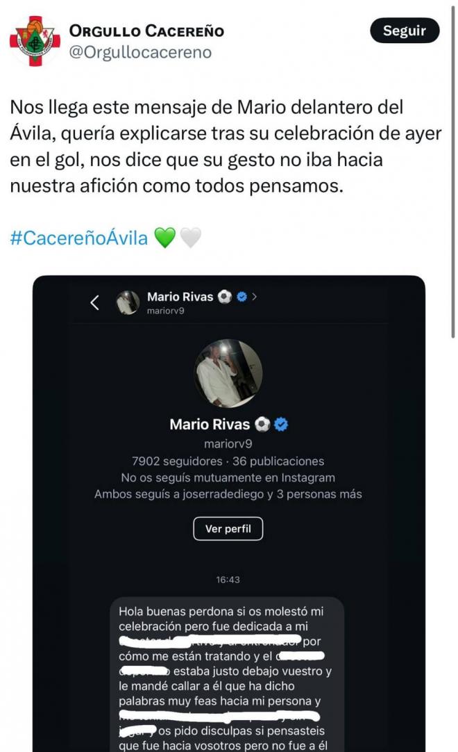 El mensaje de Mario Rivas a @orgullocacereno (Fuente:'X')