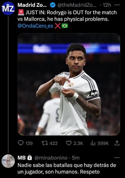 La defensa de Mina Bonino a Rodrygo en redes (Captura de 'X')