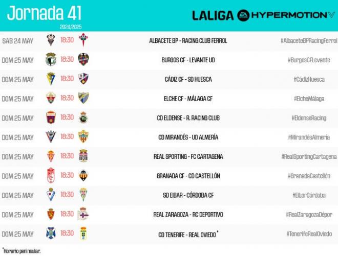 Los horarios de la jornada 41 de LALIGA HYPERMOTION.